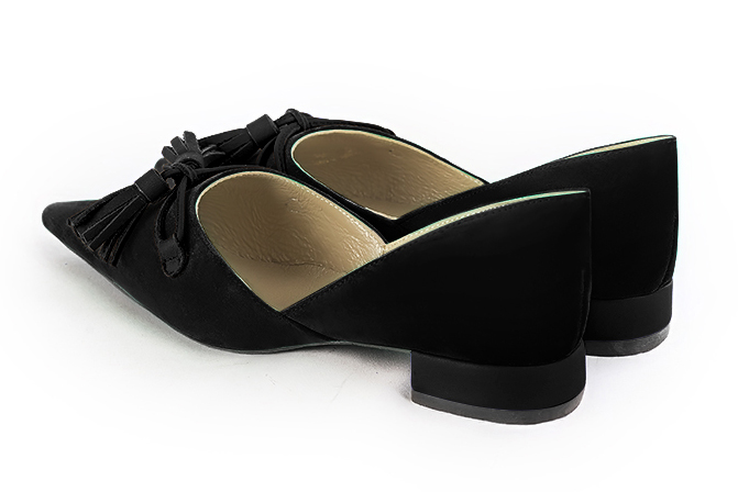 Matt black women's dress pumps, with a knot on the front. Pointed toe. Flat block heels. Rear view - Florence KOOIJMAN